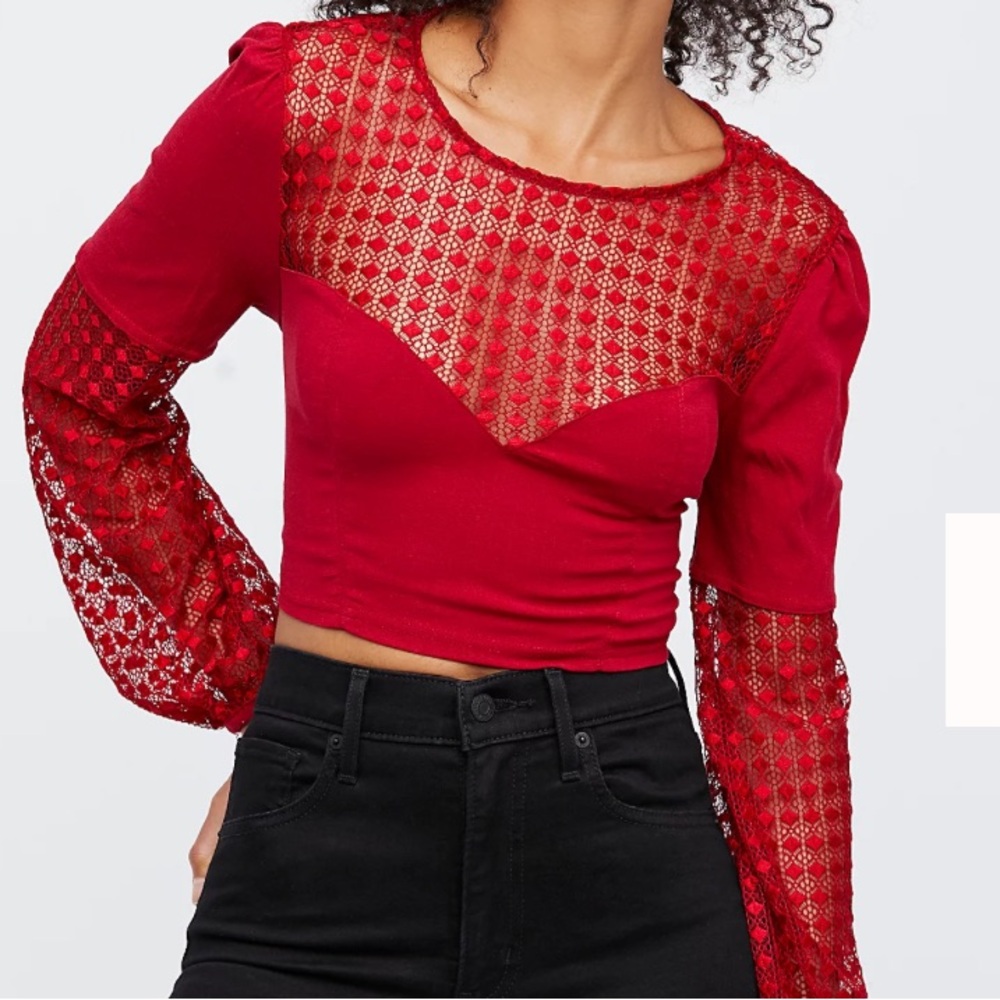 Free People Sweet Jane Red Crop Top Puff Sleeve XS
